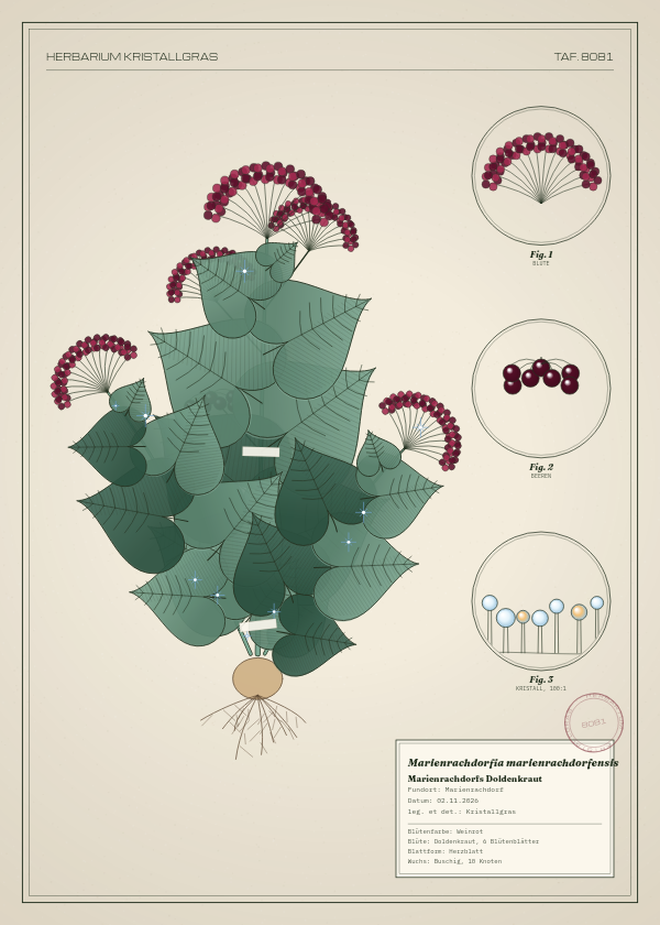 Botanische Tafel: Marienrachdorfia marienrachdorfensis, eine erfundene Pflanze aus Marienrachdorf, gezeichnet wie in einem alten Pflanzenatlas