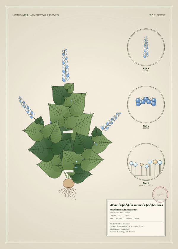 Botanische Tafel: Marisfeldia marisfeldensis, eine erfundene Pflanze aus Marisfeld, gezeichnet wie in einem alten Pflanzenatlas