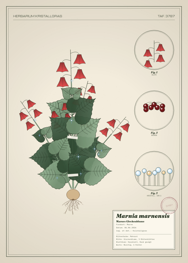 Botanische Tafel: Marnia marnensis, eine erfundene Pflanze aus Marne, gezeichnet wie in einem alten Pflanzenatlas