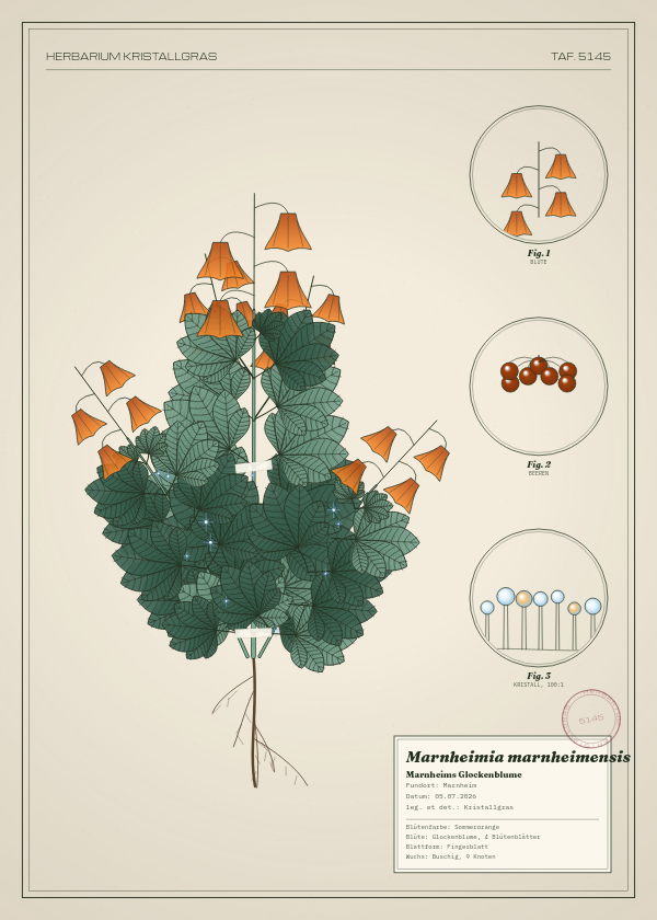 Botanische Tafel: Marnheimia marnheimensis, eine erfundene Pflanze aus Marnheim, gezeichnet wie in einem alten Pflanzenatlas
