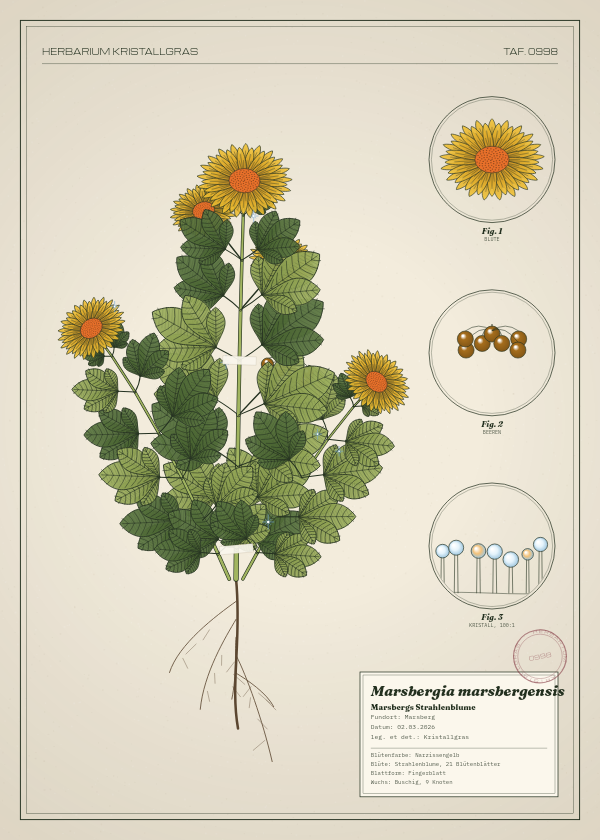 Botanische Tafel: Marsbergia marsbergensis, eine erfundene Pflanze aus Marsberg, gezeichnet wie in einem alten Pflanzenatlas
