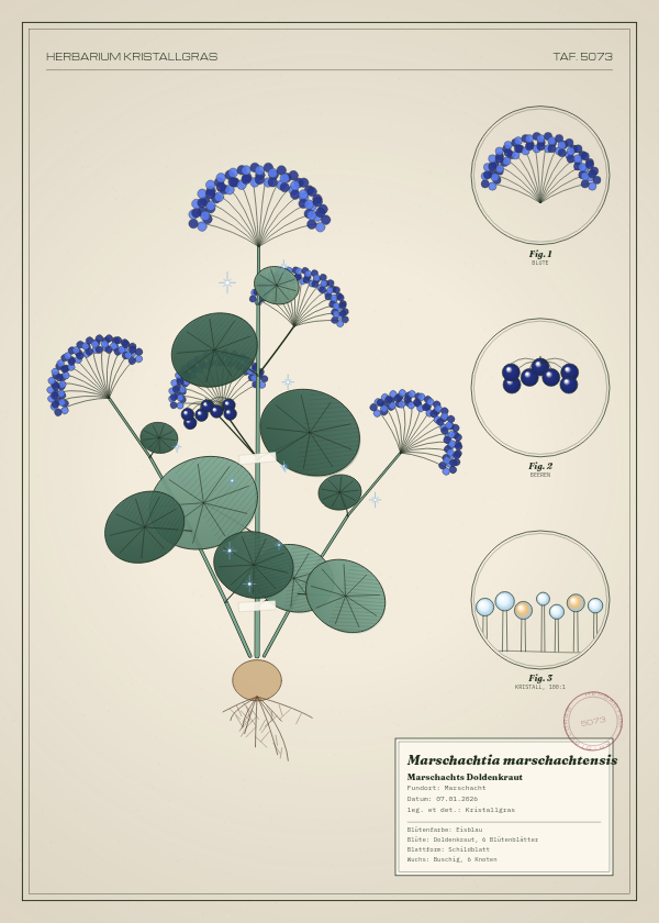 Botanische Tafel: Marschachtia marschachtensis, eine erfundene Pflanze aus Marschacht, gezeichnet wie in einem alten Pflanzenatlas