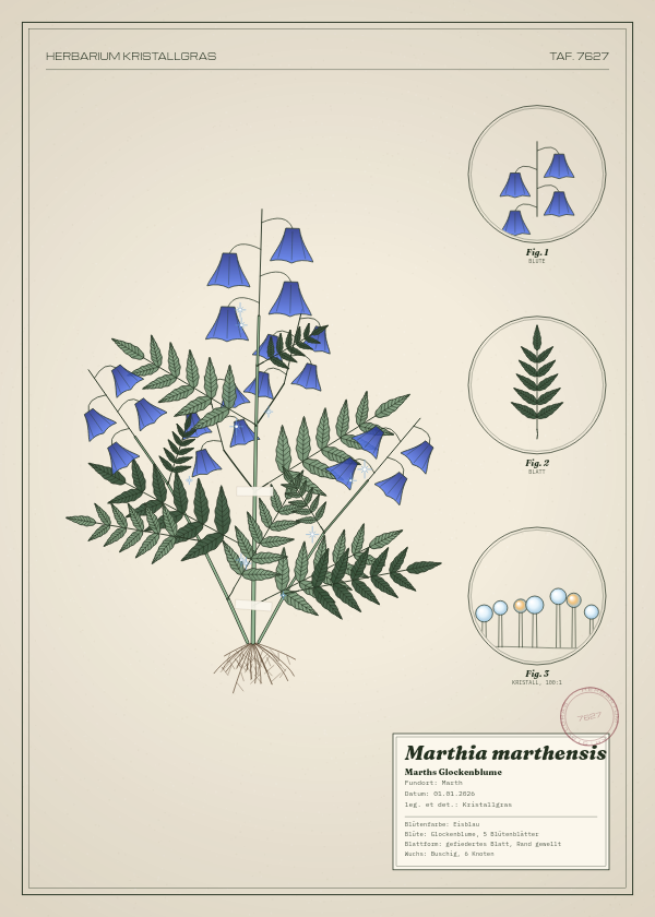 Botanische Tafel: Marthia marthensis, eine erfundene Pflanze aus Marth, gezeichnet wie in einem alten Pflanzenatlas