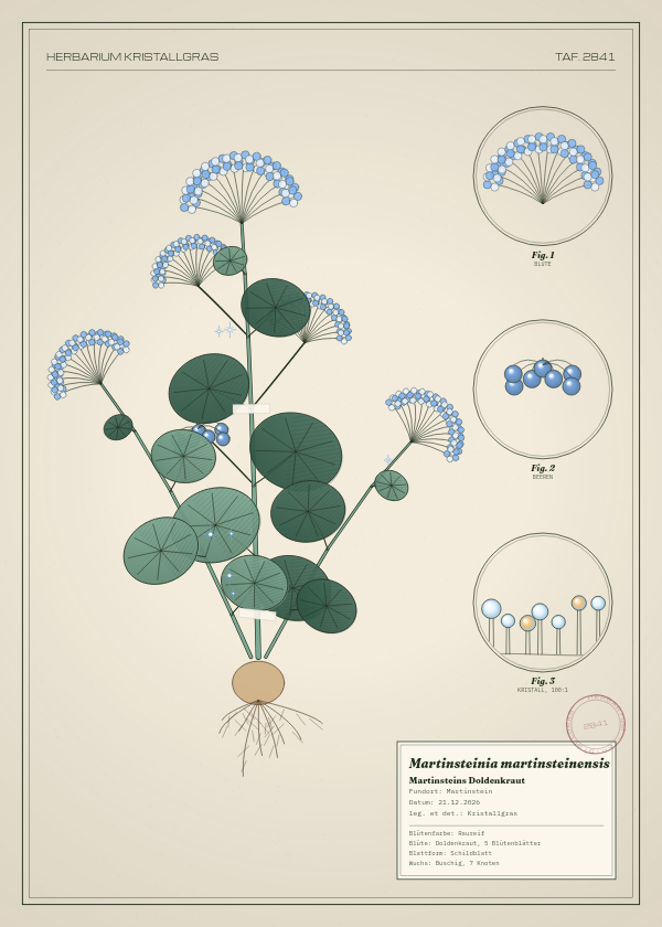 Botanische Tafel: Martinsteinia martinsteinensis, eine erfundene Pflanze aus Martinstein, gezeichnet wie in einem alten Pflanzenatlas