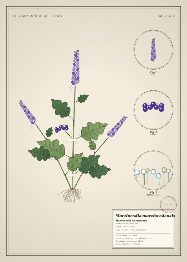 Botanische Tafel: Martinrodia martinrodensis, eine erfundene Pflanze aus Martinroda, gezeichnet wie in einem alten Pflanzenatlas
