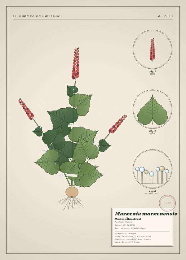 Botanische Tafel: Marxenia marxenensis, eine erfundene Pflanze aus Marxen, gezeichnet wie in einem alten Pflanzenatlas