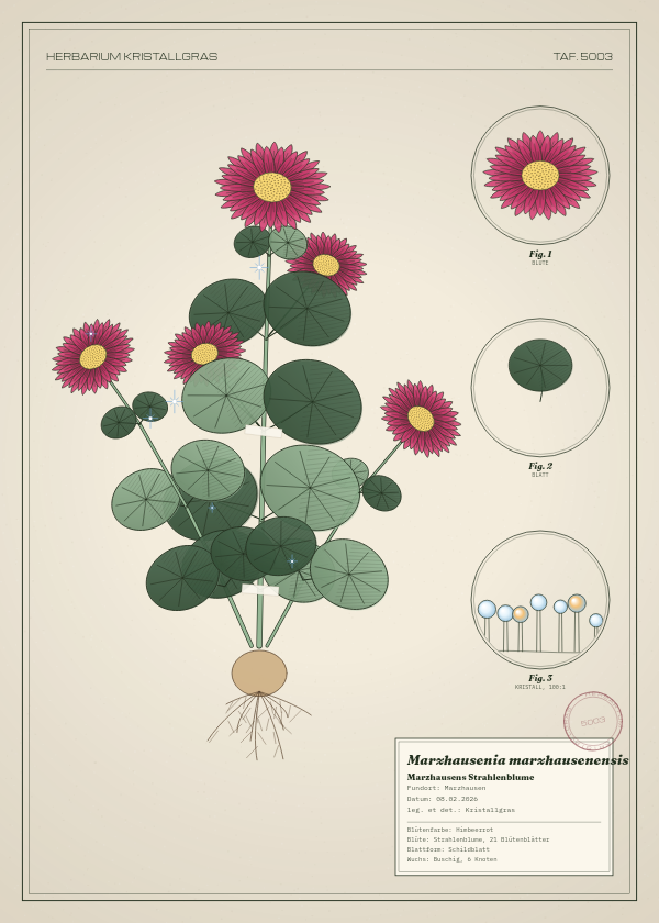 Botanische Tafel: Marzhausenia marzhausenensis, eine erfundene Pflanze aus Marzhausen, gezeichnet wie in einem alten Pflanzenatlas