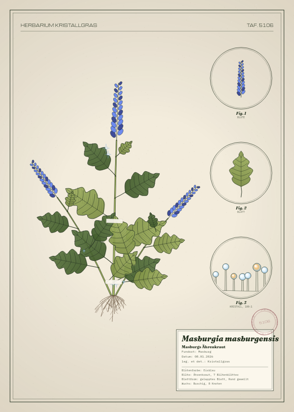 Botanische Tafel: Masburgia masburgensis, eine erfundene Pflanze aus Masburg, gezeichnet wie in einem alten Pflanzenatlas