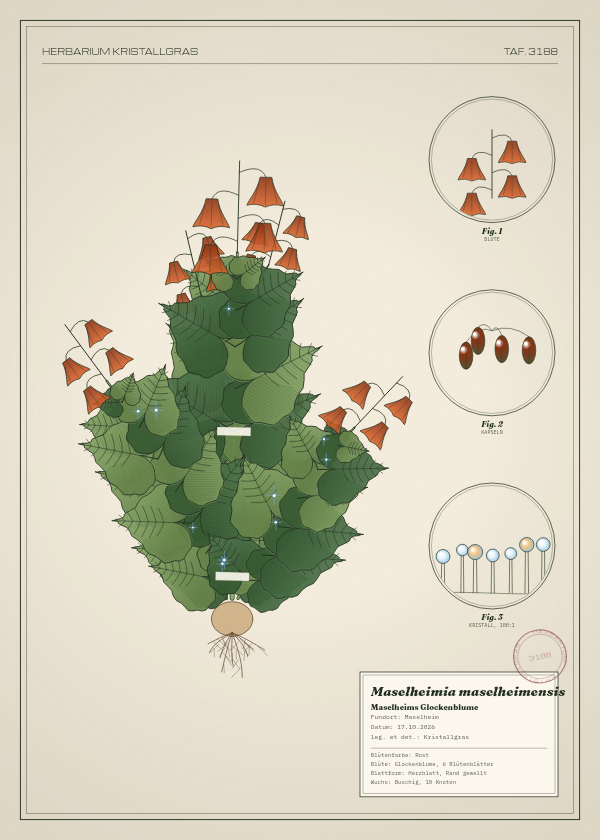 Botanische Tafel: Maselheimia maselheimensis, eine erfundene Pflanze aus Maselheim, gezeichnet wie in einem alten Pflanzenatlas