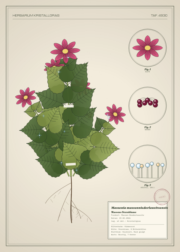 Botanische Tafel: Massenia massenniederlausitzensis, eine erfundene Pflanze aus Massen-Niederlausitz, gezeichnet wie in einem alten Pflanzenatlas