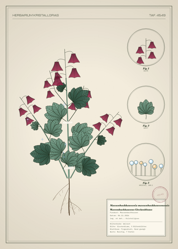 Botanische Tafel: Massenbachhausenia massenbachhausenensis, eine erfundene Pflanze aus Massenbachhausen, gezeichnet wie in einem alten Pflanzenatlas