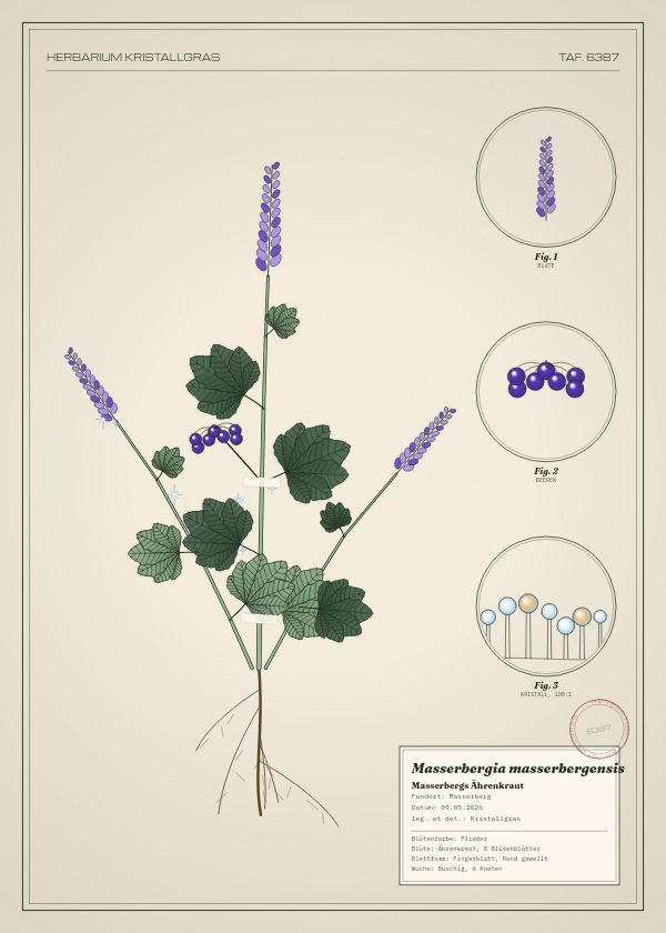 Botanische Tafel: Masserbergia masserbergensis, eine erfundene Pflanze aus Masserberg, gezeichnet wie in einem alten Pflanzenatlas