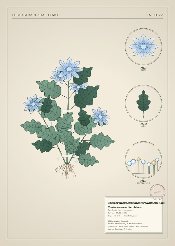 Botanische Tafel: Mastershausenia mastershausenensis, eine erfundene Pflanze aus Mastershausen, gezeichnet wie in einem alten Pflanzenatlas