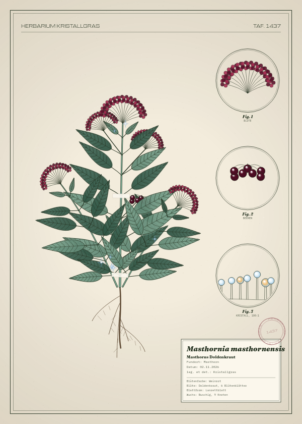 Botanische Tafel: Masthornia masthornensis, eine erfundene Pflanze aus Masthorn, gezeichnet wie in einem alten Pflanzenatlas