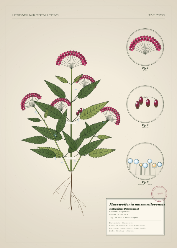 Botanische Tafel: Massweileria massweilerensis, eine erfundene Pflanze aus Maßweiler, gezeichnet wie in einem alten Pflanzenatlas