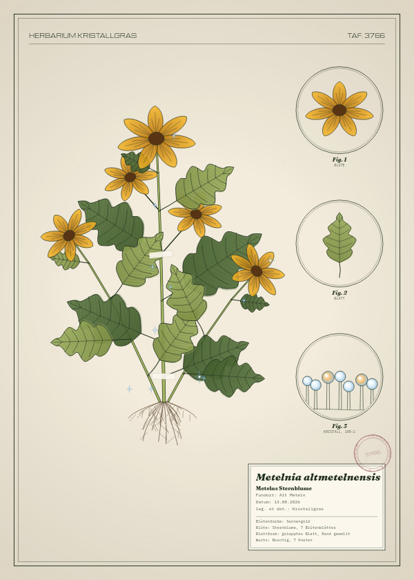 Botanische Tafel: Metelnia altmetelnensis, eine erfundene Pflanze aus Alt Meteln, gezeichnet wie in einem alten Pflanzenatlas