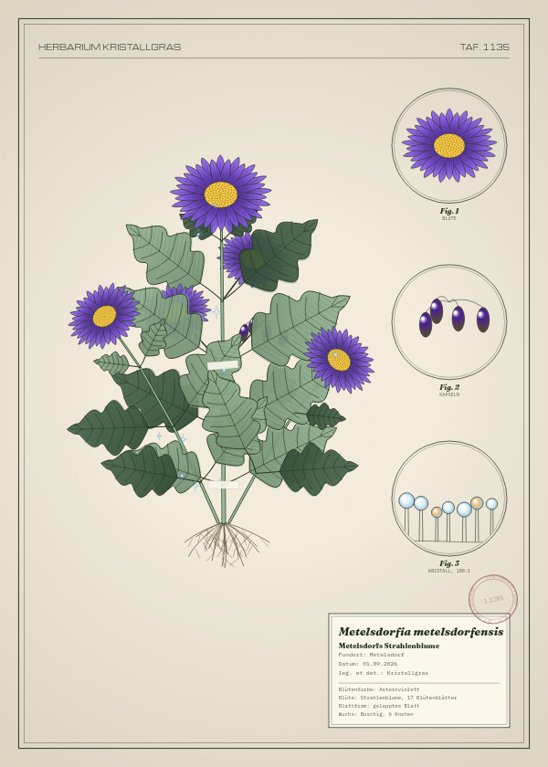 Botanische Tafel: Metelsdorfia metelsdorfensis, eine erfundene Pflanze aus Metelsdorf, gezeichnet wie in einem alten Pflanzenatlas