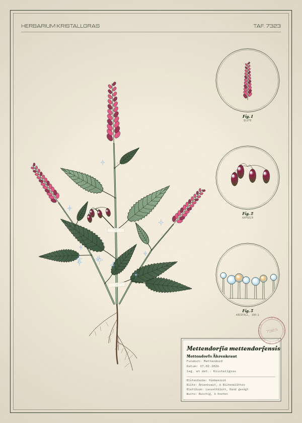 Botanische Tafel: Mettendorfia mettendorfensis, eine erfundene Pflanze aus Mettendorf, gezeichnet wie in einem alten Pflanzenatlas