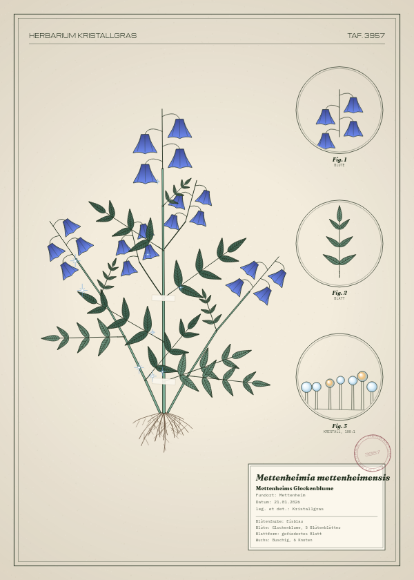 Botanische Tafel: Mettenheimia mettenheimensis, eine erfundene Pflanze aus Mettenheim, gezeichnet wie in einem alten Pflanzenatlas
