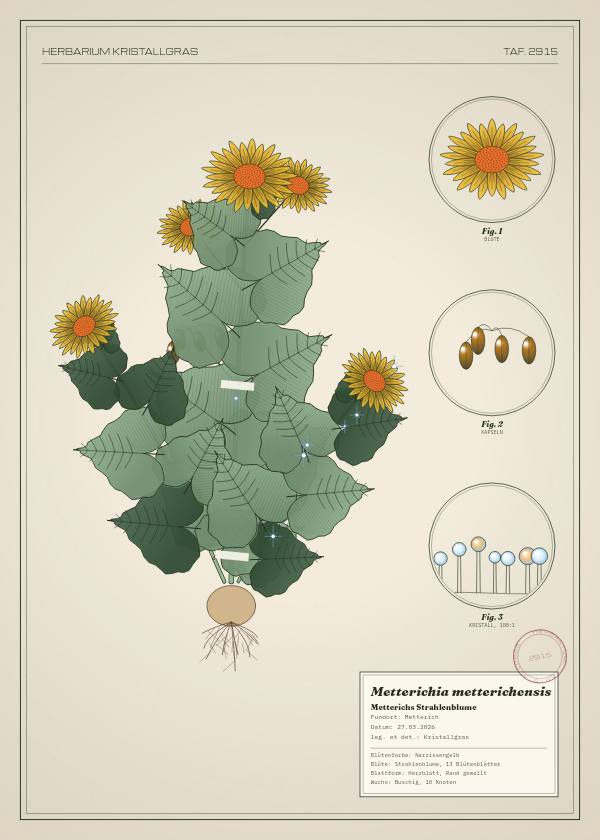 Botanische Tafel: Metterichia metterichensis, eine erfundene Pflanze aus Metterich, gezeichnet wie in einem alten Pflanzenatlas