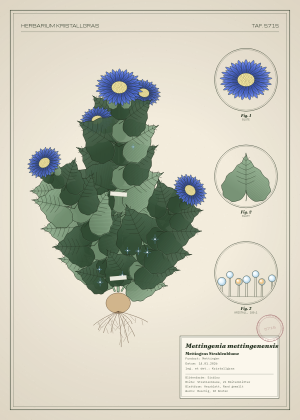 Botanische Tafel: Mettingenia mettingenensis, eine erfundene Pflanze aus Mettingen, gezeichnet wie in einem alten Pflanzenatlas