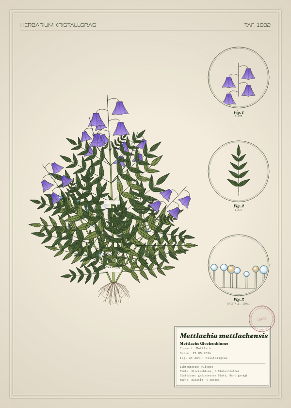 Botanische Tafel: Mettlachia mettlachensis, eine erfundene Pflanze aus Mettlach, gezeichnet wie in einem alten Pflanzenatlas