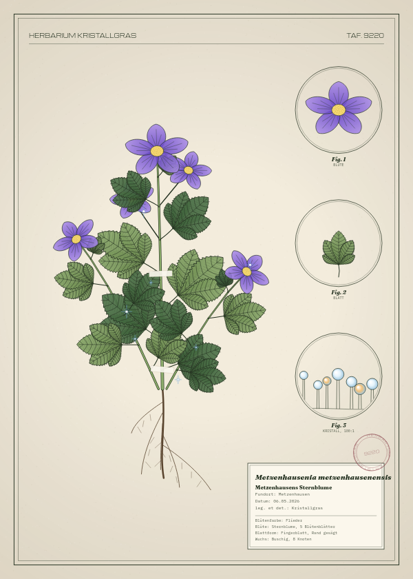 Botanische Tafel: Metzenhausenia metzenhausenensis, eine erfundene Pflanze aus Metzenhausen, gezeichnet wie in einem alten Pflanzenatlas