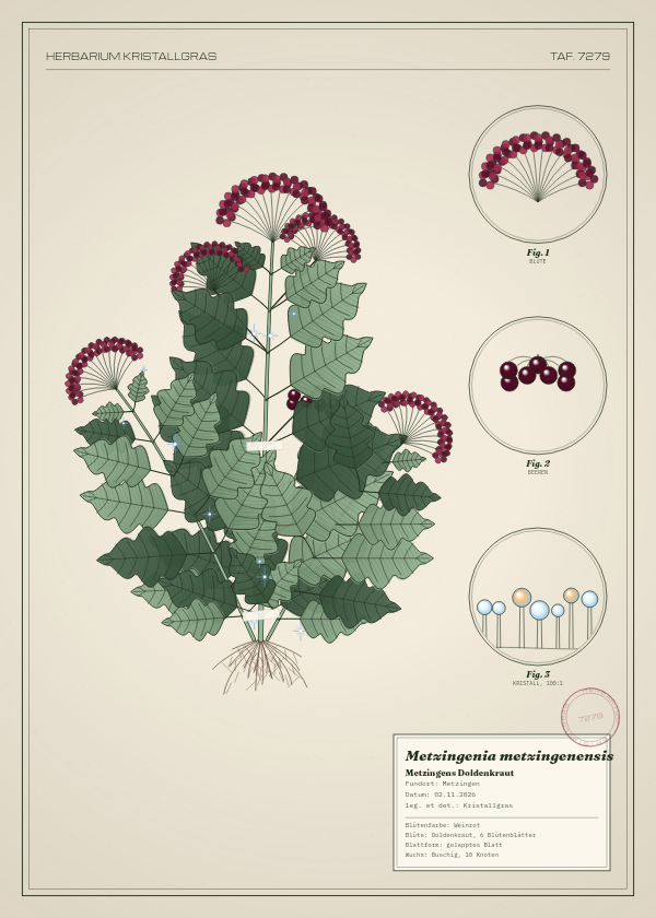 Botanische Tafel: Metzingenia metzingenensis, eine erfundene Pflanze aus Metzingen, gezeichnet wie in einem alten Pflanzenatlas