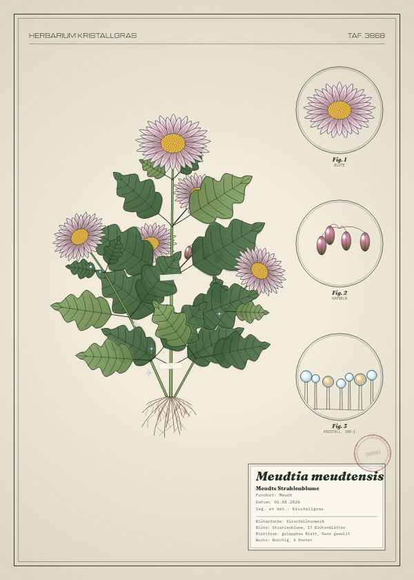 Botanische Tafel: Meudtia meudtensis, eine erfundene Pflanze aus Meudt, gezeichnet wie in einem alten Pflanzenatlas