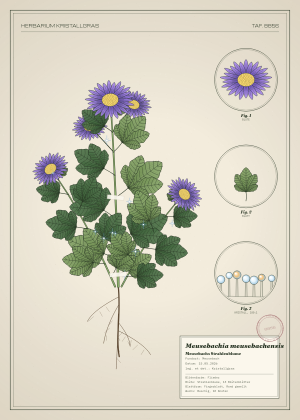 Botanische Tafel: Meusebachia meusebachensis, eine erfundene Pflanze aus Meusebach, gezeichnet wie in einem alten Pflanzenatlas
