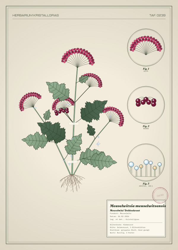 Botanische Tafel: Meuselwitzia meuselwitzensis, eine erfundene Pflanze aus Meuselwitz, gezeichnet wie in einem alten Pflanzenatlas