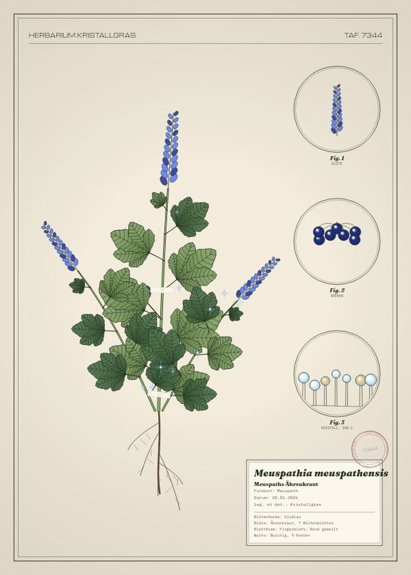 Botanische Tafel: Meuspathia meuspathensis, eine erfundene Pflanze aus Meuspath, gezeichnet wie in einem alten Pflanzenatlas