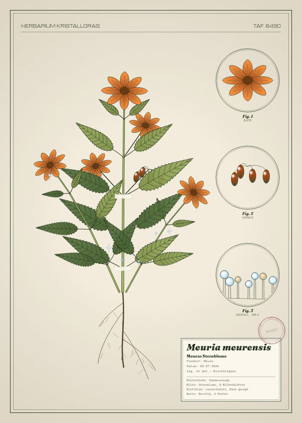 Botanische Tafel: Meuria meurensis, eine erfundene Pflanze aus Meura, gezeichnet wie in einem alten Pflanzenatlas