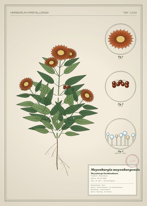 Botanische Tafel: Meyenburgia meyenburgensis, eine erfundene Pflanze aus Meyenburg, gezeichnet wie in einem alten Pflanzenatlas