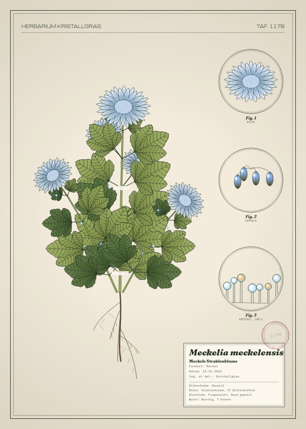 Botanische Tafel: Meckelia meckelensis, eine erfundene Pflanze aus Meckel, gezeichnet wie in einem alten Pflanzenatlas
