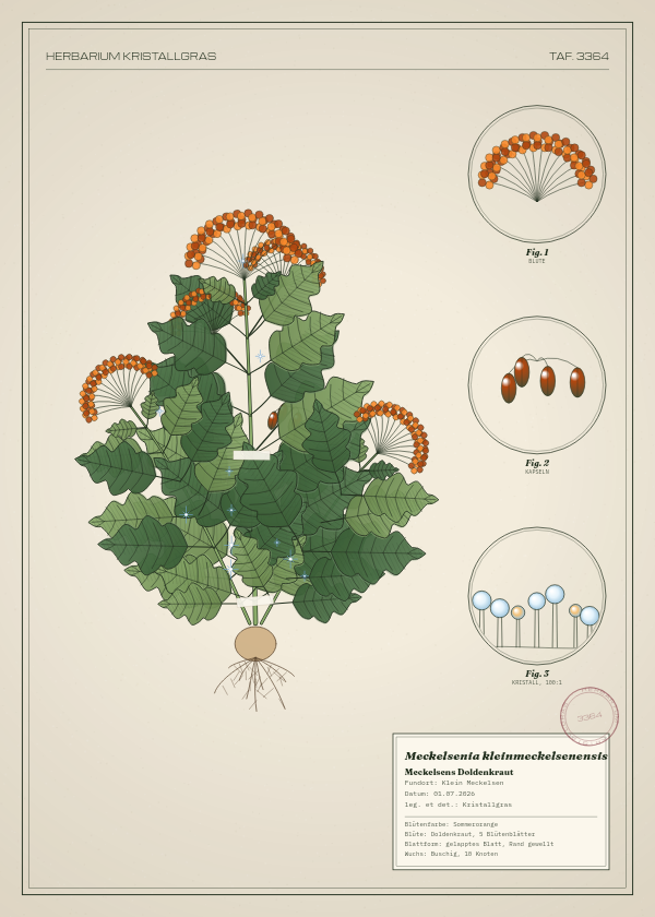 Botanische Tafel: Meckelsenia kleinmeckelsenensis, eine erfundene Pflanze aus Klein Meckelsen, gezeichnet wie in einem alten Pflanzenatlas