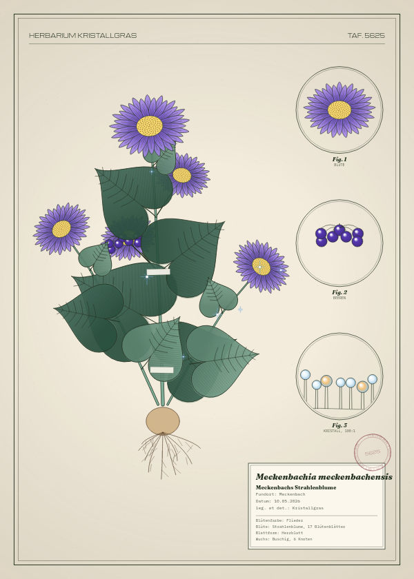 Botanische Tafel: Meckenbachia meckenbachensis, eine erfundene Pflanze aus Meckenbach, gezeichnet wie in einem alten Pflanzenatlas