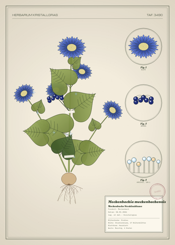 Botanische Tafel: Meckenbachia meckenbachensis, eine erfundene Pflanze aus Meckenbach, gezeichnet wie in einem alten Pflanzenatlas