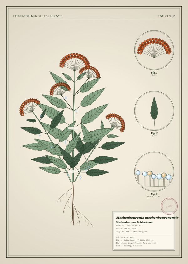 Botanische Tafel: Meckenbeurenia meckenbeurenensis, eine erfundene Pflanze aus Meckenbeuren, gezeichnet wie in einem alten Pflanzenatlas