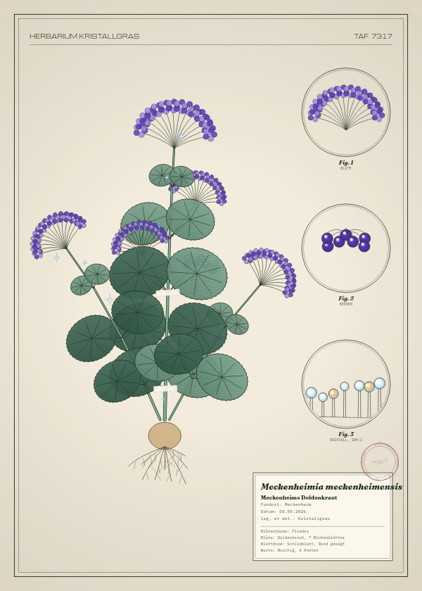 Botanische Tafel: Meckenheimia meckenheimensis, eine erfundene Pflanze aus Meckenheim, gezeichnet wie in einem alten Pflanzenatlas