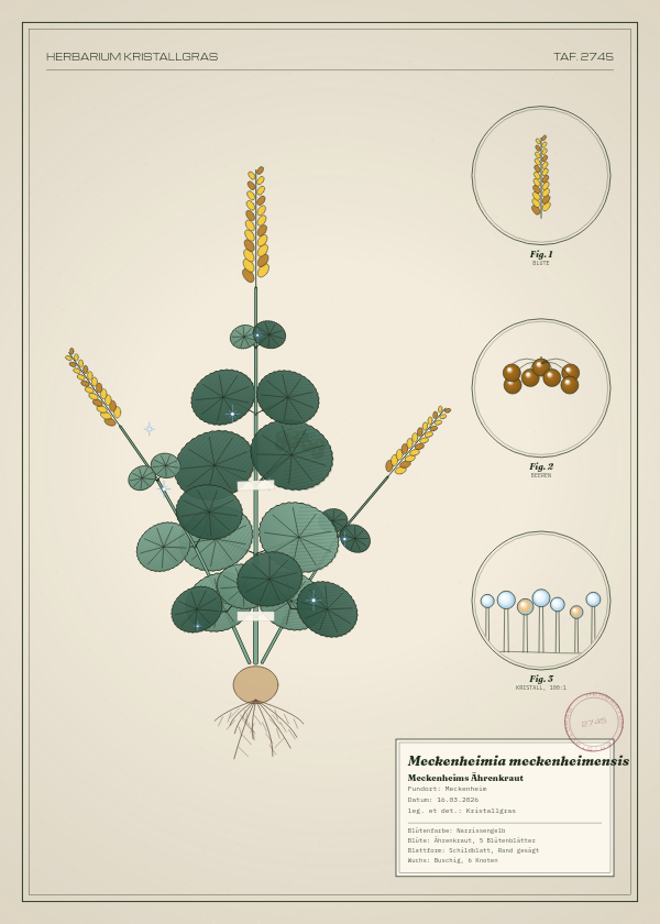 Botanische Tafel: Meckenheimia meckenheimensis, eine erfundene Pflanze aus Meckenheim, gezeichnet wie in einem alten Pflanzenatlas