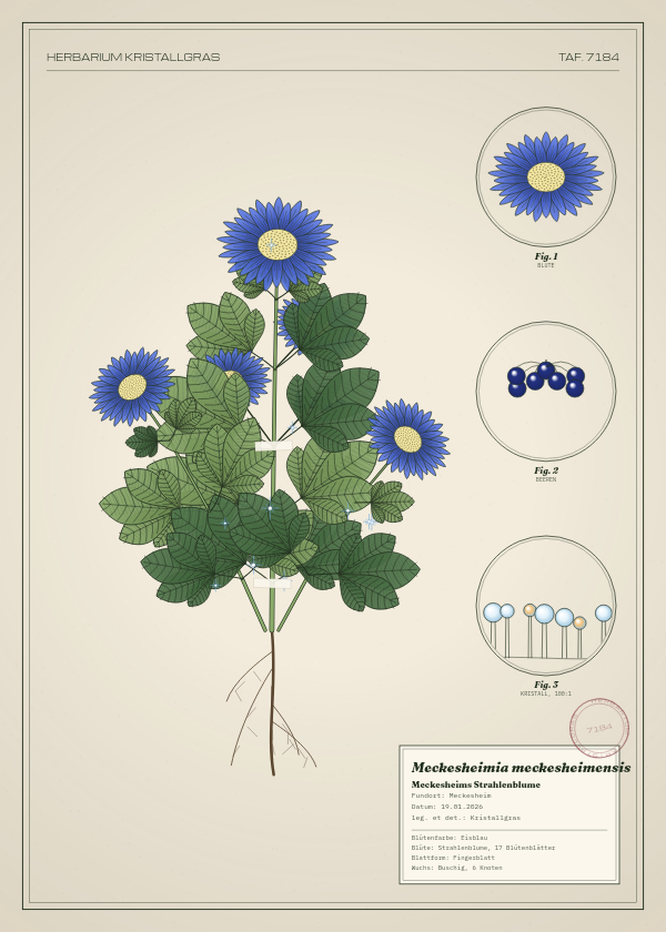 Botanische Tafel: Meckesheimia meckesheimensis, eine erfundene Pflanze aus Meckesheim, gezeichnet wie in einem alten Pflanzenatlas