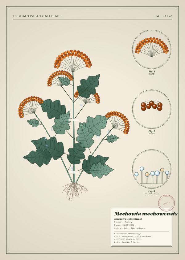 Botanische Tafel: Mechowia mechowensis, eine erfundene Pflanze aus Mechow, gezeichnet wie in einem alten Pflanzenatlas
