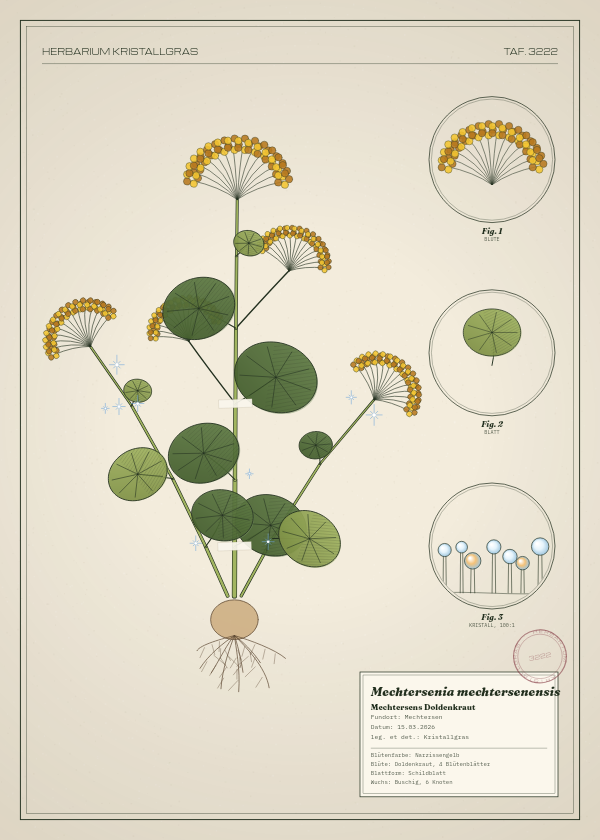 Botanische Tafel: Mechtersenia mechtersenensis, eine erfundene Pflanze aus Mechtersen, gezeichnet wie in einem alten Pflanzenatlas