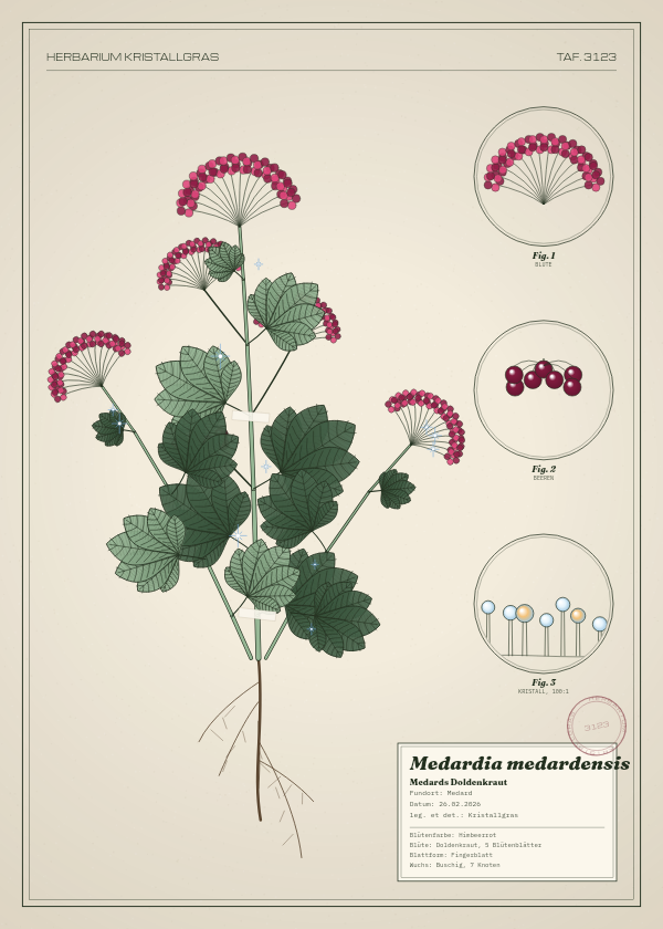 Botanische Tafel: Medardia medardensis, eine erfundene Pflanze aus Medard, gezeichnet wie in einem alten Pflanzenatlas