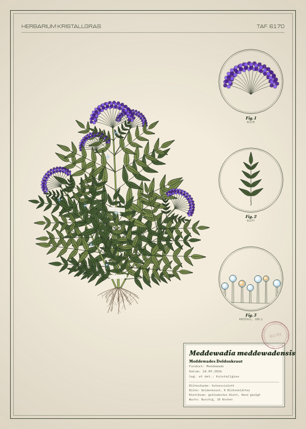 Botanische Tafel: Meddewadia meddewadensis, eine erfundene Pflanze aus Meddewade, gezeichnet wie in einem alten Pflanzenatlas
