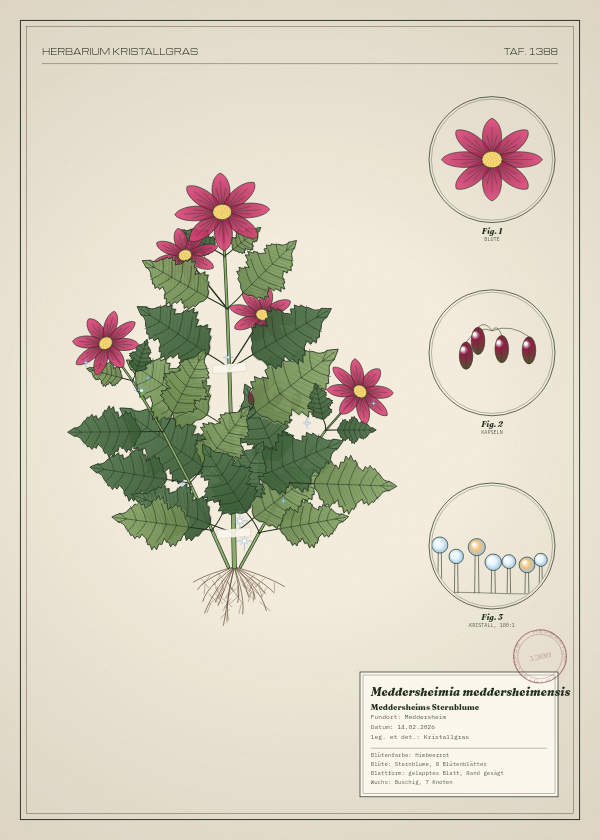 Botanische Tafel: Meddersheimia meddersheimensis, eine erfundene Pflanze aus Meddersheim, gezeichnet wie in einem alten Pflanzenatlas