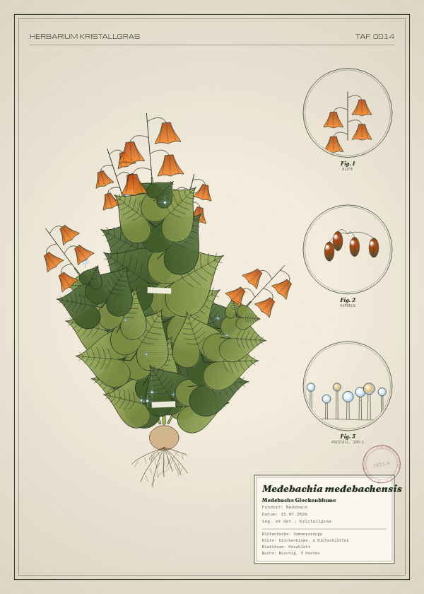 Botanische Tafel: Medebachia medebachensis, eine erfundene Pflanze aus Medebach, gezeichnet wie in einem alten Pflanzenatlas