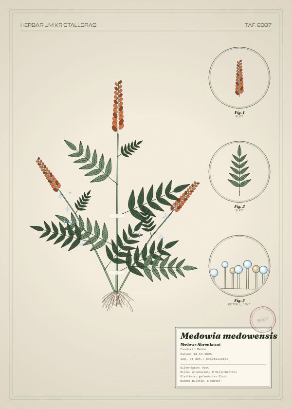 Botanische Tafel: Medowia medowensis, eine erfundene Pflanze aus Medow, gezeichnet wie in einem alten Pflanzenatlas