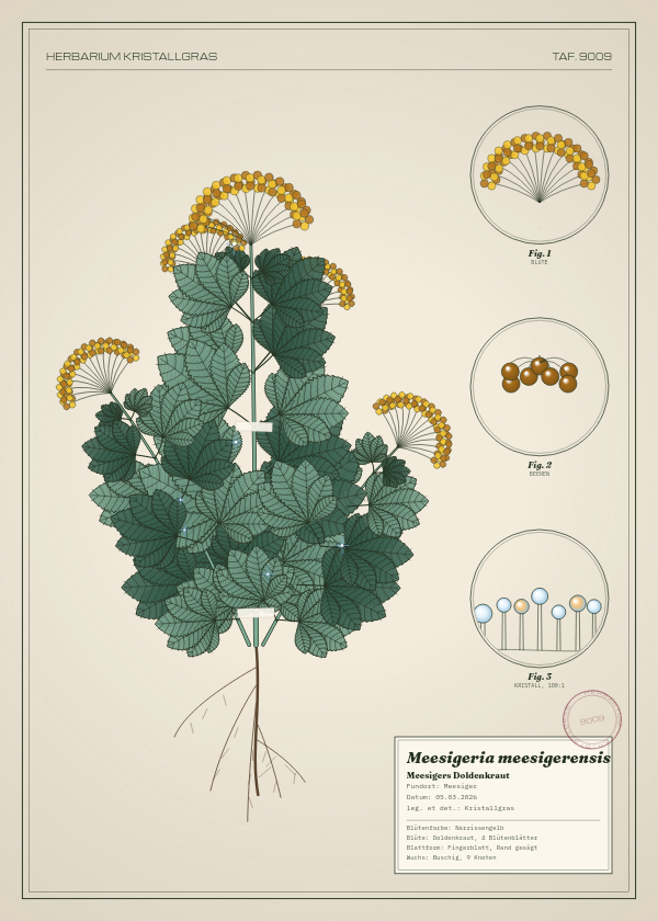 Botanische Tafel: Meesigeria meesigerensis, eine erfundene Pflanze aus Meesiger, gezeichnet wie in einem alten Pflanzenatlas